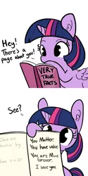 Size: 1280x2560 | Tagged: safe, artist:tjpones, derpibooru import, edit, editor:corpulentbrony, twilight sparkle, twilight sparkle (alicorn), alicorn, pony, book, bronybait, cute, drawing, encouragement, facts, female, heck, hol up, mare, not creepy, positive ponies, simple background, very true facts, white background, wholesome