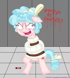 Size: 391x434 | Tagged: semi-grimdark, artist:blossombright, derpibooru import, cozy glow, pegasus, pony, school raze, bondage, cozy glow is best facemaker, cozybuse, crayon, crazy glow, derp, good end, how it should have ended, insanity, not blood, pencil, solo, straitjacket, wall writing, wanna be friends?