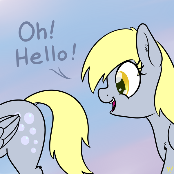 Size: 3000x3000 | Tagged: safe, artist:yakoshi, derpibooru import, derpy hooves, pegasus, pony, atg 2018, cute, derpabetes, derpy being derpy, dock, ear fluff, female, gradient background, hello, looking at something, mare, newbie artist training grounds, now you're thinking with portals, open mouth, plot, portal, shoulder fluff, silly, smiling