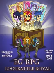 Size: 1400x1879 | Tagged: safe, artist:bredgroup, artist:sirvalter, derpibooru import, adagio dazzle, aria blaze, flash sentry, sci-twi, sonata dusk, sunset shimmer, twilight sparkle, comic:eg rpg lootbattle royal, equestria girls, announcement, ciri, clothes, comic, connor, cosplay, costume, crossover, detroit: become human, female, frying pan, gun, handgun, human female, human male, loot box, male, mercy, overwatch, pistol, rifle, rk800, shimmercy, sword, the witcher, video game, weapon