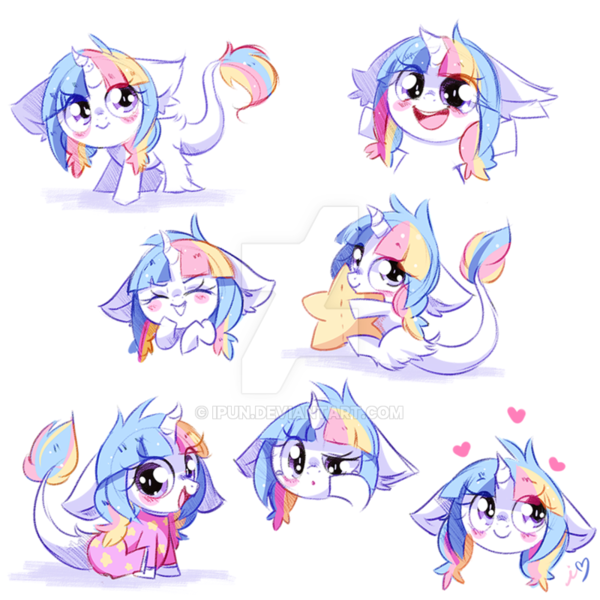 Size: 800x800 | Tagged: safe, artist:ipun, derpibooru import, oc, oc:lorelei, pony, unicorn, blushing, chibi, cute, deviantart watermark, eyes closed, female, heart, mare, obtrusive watermark, ocbetes, onesie, open mouth, simple background, solo, stars, watermark, white background