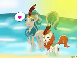 Size: 960x720 | Tagged: artist:parn, autumn blaze, beach, cute, derpibooru import, female, heart, kirin, pictogram, rain shine, relaxing, safe, sounds of silence