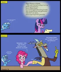 Size: 1387x1634 | Tagged: safe, artist:strebiskunk, derpibooru import, discord, pinkie pie, trixie, twilight sparkle, draconequus, earth pony, pony, unicorn, season 1, season 8, comic, dialogue, fist bump, letter, mouthpiece, quill, scroll