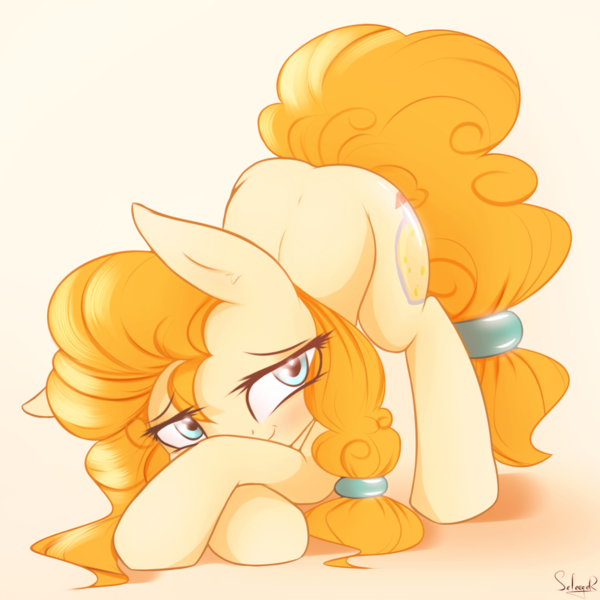 Size: 1500x1500 | Tagged: dead source, safe, artist:seleeger, derpibooru import, pear butter, earth pony, pony, cute, face down ass up, female, mare, pearabetes, signature, solo