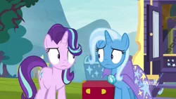 Size: 1920x1080 | Tagged: safe, derpibooru import, screencap, starlight glimmer, trixie, pony, unicorn, road to friendship, chest, discovery family logo, duo, embarrassed, eye contact, female, looking at each other, mare, trixie's wagon, weirded out, wide eyes