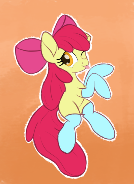 Size: 2000x2750 | Tagged: safe, artist:litrojia, derpibooru import, apple bloom, earth pony, pony, :p, adorabloom, bow, clothes, cute, female, filly, gradient background, one eye closed, socks, solo, tongue out, wink