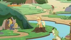 Size: 1334x750 | Tagged: safe, derpibooru import, screencap, applejack, green grove, spring glow, winter flame, earth pony, kirin, pony, sounds of silence, female, kirin village, mare, river, sneezing, stream, tree stump