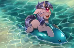 Size: 2800x1800 | Tagged: safe, artist:verawitch, derpibooru import, sea swirl, seafoam, dolphin, pony, unicorn, blushing, commission, cute, female, floppy ears, inflatable, inflatable toy, looking at you, ocean, one eye closed, open mouth, pool toy, riding, seadorable, solo, wink