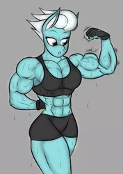 Size: 938x1328 | Tagged: 1000 years in photoshop, abs, anthro, artist:calm wind, artist:matchstickman, biceps, breasts, busty fleetfoot, clothes, derpibooru import, fleetflex, fleetfoot, flexing, gloves, muscles, muscular female, no tail, safe, sports bra, sweat, wingless, wingless anthro, workout outfit