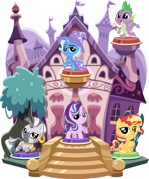 Size: 3729x4459 | Tagged: safe, artist:phucknuckl, derpibooru import, part of a set, spike, starlight glimmer, sunset shimmer, trixie, zecora, dragon, pony, unicorn, zebra, my little pocket ponies, baby, baby dragon, building, cape, clothes, cute, diatrixes, ear piercing, earring, female, glimmerbetes, hat, jewelry, looking at you, male, mare, one hoof raised, open mouth, piercing, pocket ponies, set, shimmerbetes, simple background, sitting, small wings, smiling, smiling at you, spikabetes, standing, transparent background, tree, trixie's cape, trixie's hat, winged spike, wings, zecorable
