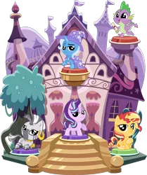 Size: 3729x4459 | Tagged: safe, artist:phucknuckl, derpibooru import, part of a set, spike, starlight glimmer, sunset shimmer, trixie, zecora, dragon, pony, unicorn, zebra, my little pocket ponies, baby, baby dragon, building, cape, clothes, cute, diatrixes, ear piercing, earring, female, glimmerbetes, hat, jewelry, looking at you, male, mare, one hoof raised, open mouth, piercing, pocket ponies, set, shimmerbetes, simple background, sitting, small wings, smiling, smiling at you, spikabetes, standing, transparent background, tree, trixie's cape, trixie's hat, winged spike, wings, zecorable