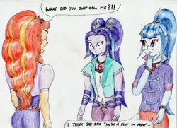 Size: 3461x2508 | Tagged: safe, artist:40kponyguy, derpibooru import, adagio dazzle, aria blaze, sonata dusk, equestria girls, rainbow rocks, annoyed, implied vulgar, looking at each other, pigtails, simple background, the dazzlings, traditional art, twintails, white background
