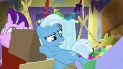 Size: 1280x720 | Tagged: safe, derpibooru import, screencap, starlight glimmer, trixie, pony, unicorn, road to friendship, duo, female, mare, scrunchy face, squeezing, wagon