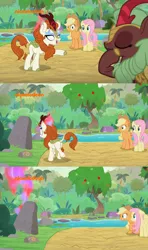 Size: 1366x2304 | Tagged: safe, derpibooru import, edit, edited screencap, screencap, applejack, autumn blaze, cinder glow, fluttershy, summer flare, earth pony, kirin, nirik, pegasus, pony, sounds of silence, spoiler:s08, blank eyes, comic, female, fire, mare, screencap comic