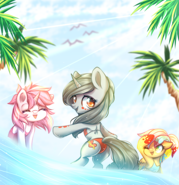 Size: 800x829 | Tagged: safe, artist:cabbage-arts, derpibooru import, oc, oc:ava amoura, oc:contessa, oc:paletta acrylia, unofficial characters only, bird, pegasus, pony, unicorn, bikini, clothes, female, looking back, mare, one-piece swimsuit, open mouth, palm tree, smiling, swimsuit, tree, trio, trio female, water