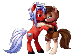 Size: 1599x1206 | Tagged: safe, artist:centchi, derpibooru import, oc, oc:axel, oc:sheriff pinto, unofficial characters only, earth pony, pony, bipedal, deviantart watermark, female, glasses, male, mare, obtrusive watermark, oc x oc, shipping, simple background, stallion, straight, transparent background, watermark