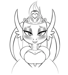 Size: 753x828 | Tagged: anonymous artist, anthro, artist:seii3, black and white, breasts, busty smolder, cleavage, clothes, derpibooru import, dragon, dragoness, dragon wings, dress, fangs, female, grayscale, horns, makeup, monochrome, princess smolder, simple background, smolder, solo, solo female, source needed, stupid sexy smolder, suggestive, what lies beneath, white background, wings