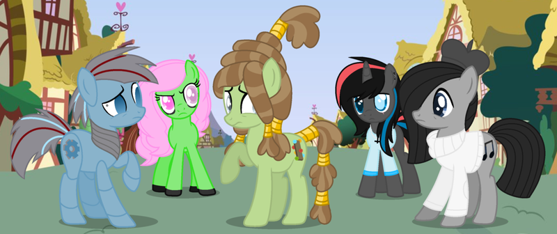 Size: 1024x430 | Tagged: safe, artist:leanne264, derpibooru import, oc, oc:boring song, oc:bubble tea, oc:cedarwood, oc:z.a.p.p, oc:zachary, unofficial characters only, earth pony, pony, robot, robot pony, unicorn, beret, clothes, female, hat, male, mare, offspring, parent:mud briar, parent:tree hugger, stallion, sweater