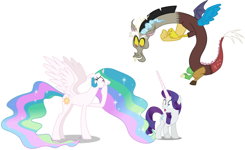 Size: 3955x2416 | Tagged: safe, artist:dashiesparkle, artist:hendro107, artist:parclytaxel, derpibooru import, edit, edited edit, editor:slayerbvc, vector edit, discord, princess celestia, rarity, alicorn, draconequus, pony, unicorn, celestial advice, dungeons and discords, the gift of the maud pie, accessory-less edit, barehoof, body part swap, discord being discord, faic, female, horn, looking down, male, mare, missing accessory, partial body swap, raised hoof, shocked, simple background, spread wings, surprised, swap, transparent background, vector, wide eyes, wings