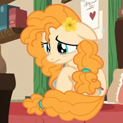Size: 649x649 | Tagged: safe, derpibooru import, screencap, pear butter, earth pony, pony, the perfect pear, bed, cropped, crying, female, flower, flower in hair, looking down, mare, sad, sitting, solo