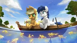 Size: 2800x1575 | Tagged: safe, artist:fidzfox, derpibooru import, applejack, oc, oc:constance everheart, fish, koi, pony, boat, canon x oc, everjack, female, male, mare, rowboat, shipping, smiling, stallion, straight