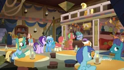 Size: 1920x1080 | Tagged: safe, derpibooru import, screencap, apple cobbler, aten (character), blue october, blueberry muffin, cocoa caliente, desert flower, emerald green, green gem, iahjmehet, lunar bay, mrs. trotsworth, starlight glimmer, trixie, tut jannah, unnamed pony, earth pony, pegasus, pony, unicorn, road to friendship, apple family member, background pony, clothes, discovery family logo, female, get on inn, inn, jewelry, male, mare, necklace, restaurant, robe, shirt, somnambula (location), somnambula resident, stallion, tail wrap
