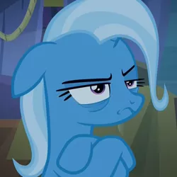 Size: 1078x1078 | Tagged: safe, derpibooru import, screencap, trixie, pony, unicorn, road to friendship, annoyed, bags under eyes, cropped, crossed hooves, female, floppy ears, frown, mare, narrowed eyes, raised eyebrow, reaction image, solo, tired, trixie is not amused, unamused