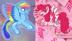 Size: 531x301 | Tagged: safe, artist:latiapainting, derpibooru import, pinkie pie, rainbow dash, pegasus, pony, spoiler:g5, colored hooves, colored wings, eyes closed, female, g5, mare, ms paint, multicolored wings, open mouth, pinkie pie (g5), rainbow dash (g5), rainbow wings, smiling