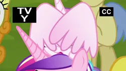 Size: 1920x1080 | Tagged: safe, derpibooru import, screencap, princess cadance, princess flurry heart, alicorn, earth pony, pony, road to friendship, baby, baby pony, covering, female, male, mare, mother and daughter, pony hat, stallion, tv rating, wing covering