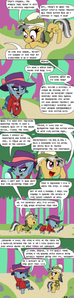 Size: 1000x4000 | Tagged: safe, artist:bjdazzle, derpibooru import, a.k. yearling, daring do, pegasus, pony, unicorn, the end in friend, artist interpretation, azurantium, comic, fedora, female, friendship, hat, headcanon, implied rainbow dash, implied rarity, investigation, looking down, magnifying glass, mare, no spoilers, path, pith helmet, season 8 homework assignment, shadow spade, tree