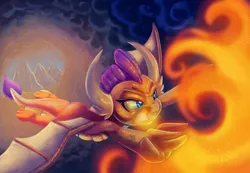 Size: 2000x1387 | Tagged: safe, artist:discorded, derpibooru import, smolder, dragon, dragoness, female, fire, fire breath, firebreathing, flying, solo