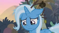 Size: 1920x1080 | Tagged: safe, derpibooru import, screencap, trixie, pony, unicorn, road to friendship, coconut tree, crying, discovery family logo, female, floppy ears, injured, mare, messy mane, sad, solo, somnambula (location), stick, sticks