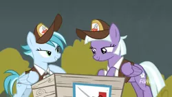 Size: 1920x1080 | Tagged: safe, derpibooru import, screencap, appointed rounds, rainy day, pegasus, pony, road to friendship, clothes, crate, discovery family logo, duo, duo female, female, hat, lidded eyes, mailmare, mailmare hat, mare, out of context, shirt, uniform
