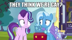 Size: 600x337 | Tagged: safe, derpibooru import, edit, edited screencap, screencap, starlight glimmer, trixie, pony, unicorn, road to friendship, cape, clothes, discovery family logo, female, image macro, implied lesbian, implied shipping, implied startrix, looking at each other, mare, meme, memeful.com, trixie's cape