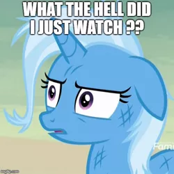 Size: 500x500 | Tagged: safe, derpibooru import, edit, edited screencap, screencap, trixie, pony, unicorn, road to friendship, cropped, discovery family logo, female, floppy ears, image macro, imgflip, injured, mare, meme, messy mane, reaction image, shocked, solo, stare, thousand yard stare, trixie yells at everything, wat