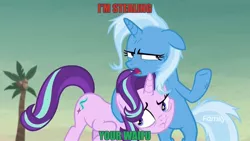 Size: 1536x864 | Tagged: safe, artist:ponylover88, derpibooru import, edit, edited screencap, screencap, starlight glimmer, trixie, pony, unicorn, road to friendship, female, hugs needed, image macro, lesbian, mare, meme, messy mane, shipping, startrix, trixie yells at everything, waifu, waifu thief