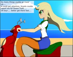 Size: 3683x2875 | Tagged: safe, artist:physicrodrigo, derpibooru import, edit, editor:rmzero, part of a set, applejack, mermaid, series:equestria mermaids, equestria girls, beach, bench, clothes, cloud, coast, curse, cursed, day, dialogue, dress, implied scootaloo, mermaidized, ocean, part of a series, sand, scooter, shoes, species swap, text, transformation, tree