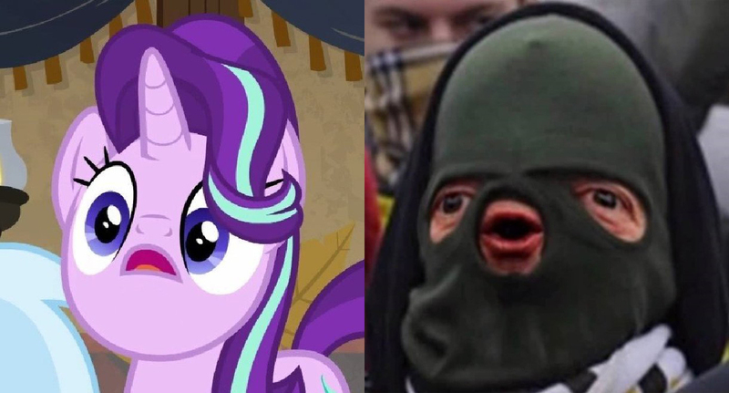 Size: 1220x658 | Tagged: safe, derpibooru import, edit, edited screencap, screencap, starlight glimmer, human, pony, unicorn, road to friendship, balaclava, blyat, cheeki breeki, d:, derp, faic, female, frown, irl, irl human, mare, open mouth, photo, wide eyes