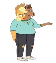 Size: 1403x1595 | Tagged: safe, derpibooru import, applejack, anthro, horse, hybrid, 2bbw, amplejack, applebucking thighs, applefat, arms, bbw, beautiful, belly, big belly, bojack horseman, chubby, clothes, conjoined, conjoined twins, crossover, duo, duo female, extra thicc, fat, female, fusion, hand, hollyhock mmgrzhfm, image, jeans, jewelry, multiple heads, necklace, netflix, pants, png, request, requested art, requests, ripped jeans, shoes, show accurate, simple background, socks, stuck together, thigh highs, thunder thighs, together forever, transparent background, two heads, vector, wat, we have become one, what has science done, wide hips