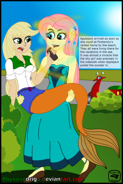 Size: 2116x3143 | Tagged: safe, artist:physicrodrigo, derpibooru import, edit, editor:rmzero, part of a set, applejack, fluttershy, mermaid, series:equestria mermaids, equestria girls, bench, clothes, cloud, coast, curse, cursed, day, dialogue, dress, mermaidized, ocean, part of a series, sand, scooter, shoes, species swap, text, transformation, watermark