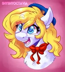 Size: 1729x1905 | Tagged: safe, artist:shyshyoctavia, derpibooru import, oc, oc:treble spirit, unofficial characters only, earth pony, pony, abstract background, blonde, blonde hair, blue eyes, bow, bust, chest fluff, ear fluff, eye clipping through hair, female, happy, hat, heart eyes, mare, open mouth, redraw, solo, wingding eyes, yellow hair, yellow mane, yellow tail