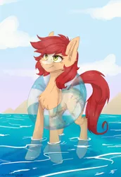 Size: 1378x2000 | Tagged: safe, artist:lonerdemiurge_nail, derpibooru import, oc, oc:bead trail, unofficial characters only, earth pony, pony, beach, commission, digital art, ear fluff, eye clipping through hair, female, mare, red hair, red mane, red tail, signature, solo, water, ych result