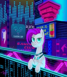 Size: 2372x2724 | Tagged: safe, artist:alexcooler, derpibooru import, oc, unnamed oc, unofficial characters only, earth pony, pony, city, cyberpunk, future, neon, solo