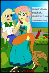 Size: 2116x3143 | Tagged: safe, artist:physicrodrigo, derpibooru import, edit, editor:rmzero, part of a set, applejack, fluttershy, mermaid, series:equestria mermaids, equestria girls, clothes, cloud, coast, curse, cursed, day, dialogue, dress, mermaidized, mobile phone, ocean, part of a series, phone, scooter, shoes, smartphone, species swap, text, transformation, watermark