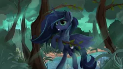 Size: 1920x1080 | Tagged: safe, artist:mahexa, deleted from derpibooru, derpibooru import, princess luna, alicorn, pony, crepuscular rays, female, forest, mare, pond, scenery, signature, smiling, solo, tree