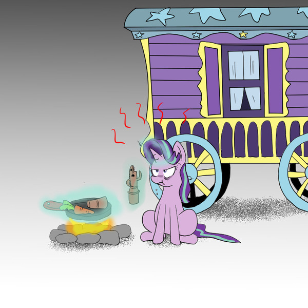 Size: 800x800 | Tagged: safe, artist:kushina13, derpibooru import, starlight glimmer, pony, unicorn, road to friendship, angry, campfire, carrot, eating, female, food, haniwa, mare, sitting, solo, trixie's wagon