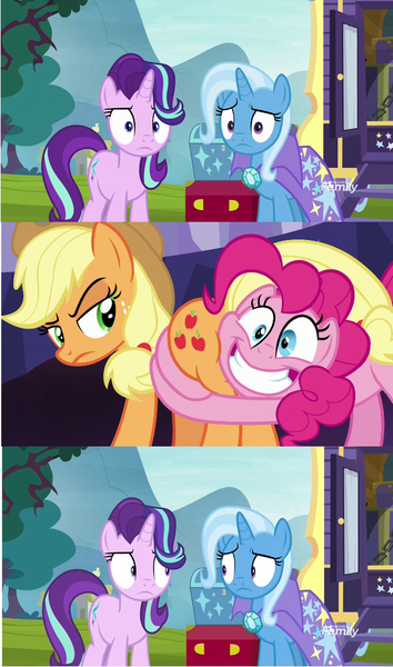 Size: 605x1025 | Tagged: safe, derpibooru import, edited screencap, screencap, applejack, pinkie pie, starlight glimmer, trixie, earth pony, pony, unicorn, road to friendship, shadow play, cape, clothes, comic, discovery family logo, female, grin, happy, looking at each other, mare, meme, plot, screencap comic, smiling, trixie's cape, trixie's wagon, wagon