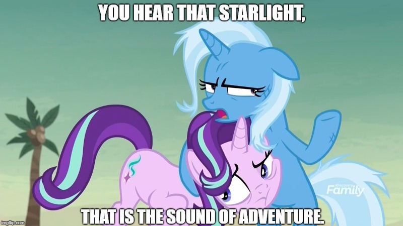 Size: 888x499 | Tagged: safe, derpibooru import, edit, edited screencap, screencap, starlight glimmer, trixie, pony, unicorn, road to friendship, dialogue, duo, duo female, female, image macro, mare, meme, messy mane, trixie yells at everything