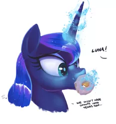 Size: 2194x2358 | Tagged: safe, artist:selenophile, derpibooru import, princess luna, alicorn, pony, :p, accidental lewdness, bust, dialogue, donut, donutsnootle, female, food, magic, mare, offscreen character, portrait, silly, simple background, solo, suggestive eating, telekinesis, tongue out, white background