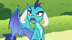 Size: 1280x720 | Tagged: derpibooru import, disbelief, dragon, dragoness, dragon lord ember, female, princess ember, raised eyebrow, safe, screencap, sitting, triple threat